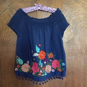 Vanessa Virginia linen blend embroidered Pom Pom smock sleeve off shoulder top
